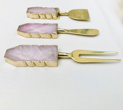 Set of 3 Rose Quartz Cheese Knives/Spreaders