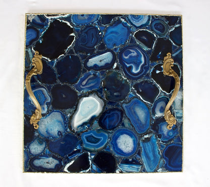 Blue Agate Serving Tray With Brass Handles | Square