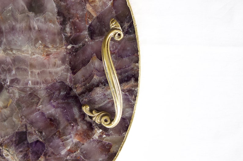 Amethyst Agate Round Serving Tray - Leaf Scroll brass handle