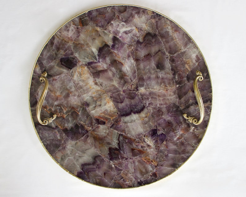 Amethyst Agate Round Serving Tray - Leaf Scroll handle detail