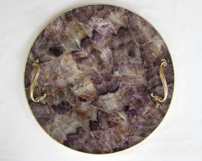 Amethyst Agate Round Serving Tray - Leaf Scroll handle detail