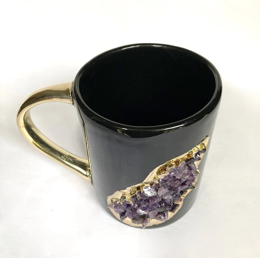 Set of 2 |Black and Gold Ceramic Big Coffee/Tea/Juice/Beverage Mug with Amethyst Semi-precious Agate Crystal | 12 oz/355 ml