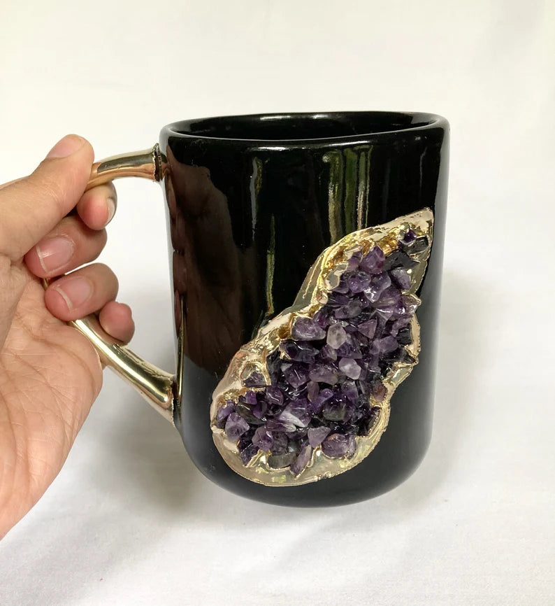 Set of 2 |Black and Gold Ceramic Big Coffee/Tea/Juice/Beverage Mug with Amethyst Semi-precious Agate Crystal | 12 oz/355 ml