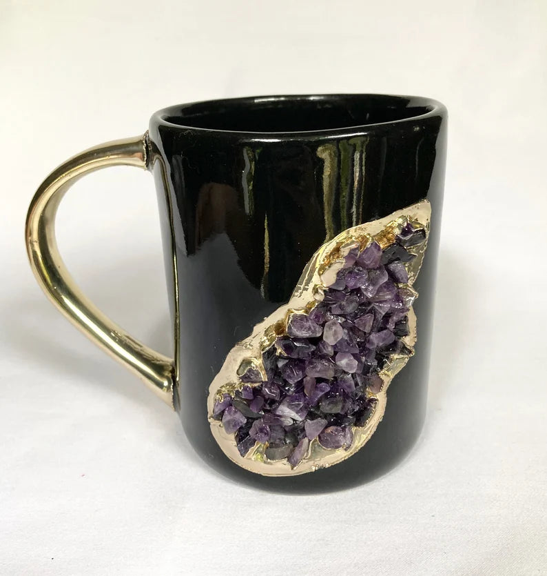 Set of 2 |Black and Gold Ceramic Big Coffee/Tea/Juice/Beverage Mug with Amethyst Semi-precious Agate Crystal | 12 oz/355 ml