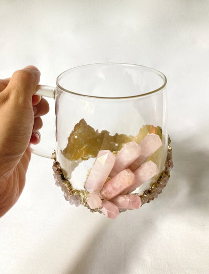 Set of 2 |Crystal Glass Coffee/Tea/Juice Mugs with Gold Plated Rose Quartz Agate/Quartz Semi-precious Crystals | 17 oz/500 ml