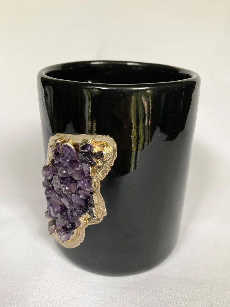 Set of 2 |Black and Gold Ceramic Big Coffee/Tea/Juice/Beverage Mug with Amethyst Semi-precious Agate Crystal | 12 oz/355 ml