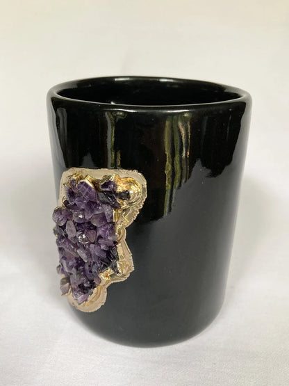 Set of 2 |Black and Gold Ceramic Big Coffee/Tea/Juice/Beverage Mug with Amethyst Semi-precious Agate Crystal | 12 oz/355 ml
