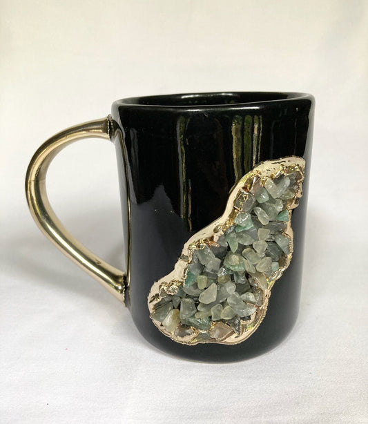 Set of 2 |Black and Gold Ceramic Big Coffee/Tea/Juice/Beverage Mug with Light Green Semi-precious Agate Crystal | 12 oz/355 ml