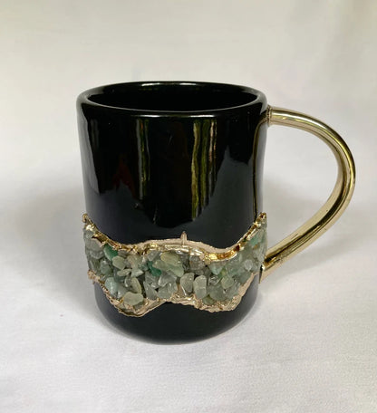 Set of 2 |Black and Gold Ceramic Big Coffee/Tea/Juice/Beverage Mug with Light Green Semi-precious Agate Crystal | 12 oz/355 ml