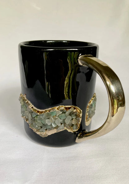 Set of 2 |Black and Gold Ceramic Big Coffee/Tea/Juice/Beverage Mug with Light Green Semi-precious Agate Crystal | 12 oz/355 ml