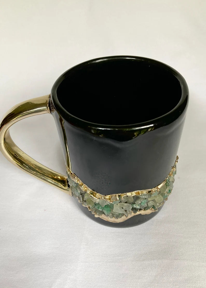 Set of 2 |Black and Gold Ceramic Big Coffee/Tea/Juice/Beverage Mug with Light Green Semi-precious Agate Crystal | 12 oz/355 ml