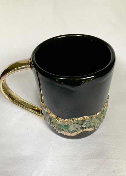 Set of 2 |Black and Gold Ceramic Big Coffee/Tea/Juice/Beverage Mug with Light Green Semi-precious Agate Crystal | 12 oz/355 ml