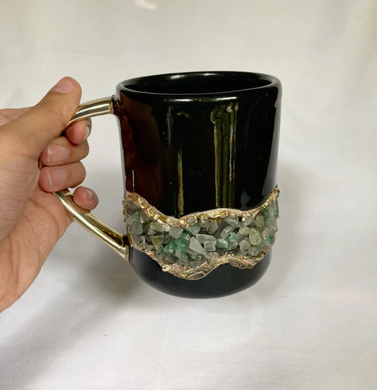 Set of 2 |Black and Gold Ceramic Big Coffee/Tea/Juice/Beverage Mug with Light Green Semi-precious Agate Crystal | 12 oz/355 ml