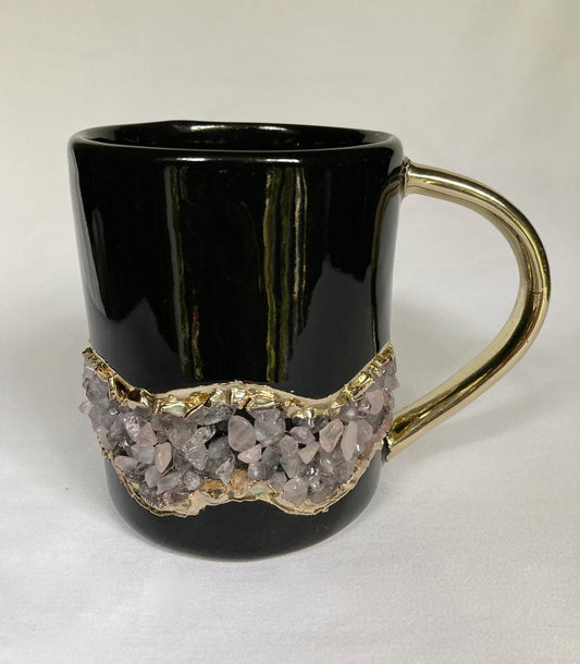 Set of 2 |Black and Gold Ceramic Big Coffee/Tea/Juice/Beverage Mug with Rose Quartz Semi-precious Agate Crystal | 12 oz/355 ml