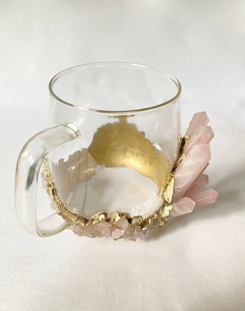 Set of 2 |Crystal Glass Coffee/Tea/Juice Mugs with Gold Plated Rose Quartz Agate/Quartz Semi-precious Crystals | 17 oz/500 ml