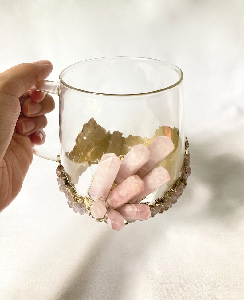 Set of 2 |Crystal Glass Coffee/Tea/Juice Mugs with Gold Plated Rose Quartz Agate/Quartz Semi-precious Crystals | 17 oz/500 ml