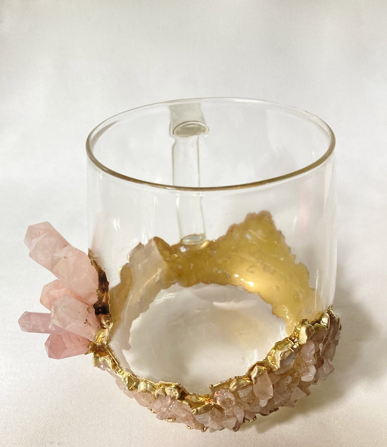 Set of 2 |Crystal Glass Coffee/Tea/Juice Mugs with Gold Plated Rose Quartz Agate/Quartz Semi-precious Crystals | 17 oz/500 ml