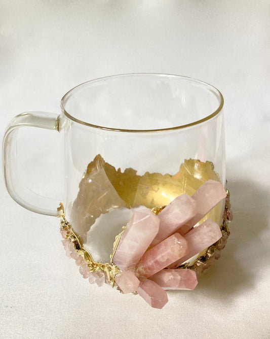Set of 2 |Crystal Glass Coffee/Tea/Juice Mugs with Gold Plated Rose Quartz Agate/Quartz Semi-precious Crystals | 17 oz/500 ml
