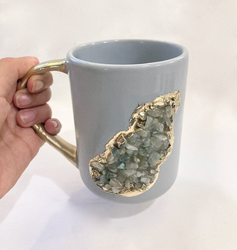 Set of 2 |Personalised Grey, Gold Ceramic Big Coffee/Tea/Juice/Beverage Mug, Light Green Semi-precious Agate Crystal Gemstones | 12 oz/355ml