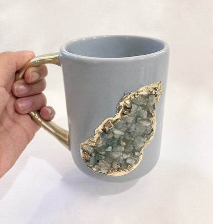 Set of 2 |Personalised Grey, Gold Ceramic Big Coffee/Tea/Juice/Beverage Mug, Light Green Semi-precious Agate Crystal Gemstones | 12 oz/355ml