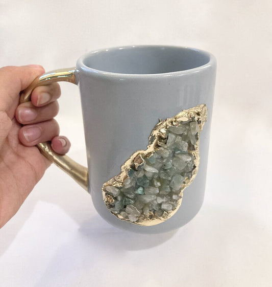 Set of 2 |Personalised Grey, Gold Ceramic Big Coffee/Tea/Juice/Beverage Mug, Light Green Semi-precious Agate Crystal Gemstones | 12 oz/355ml