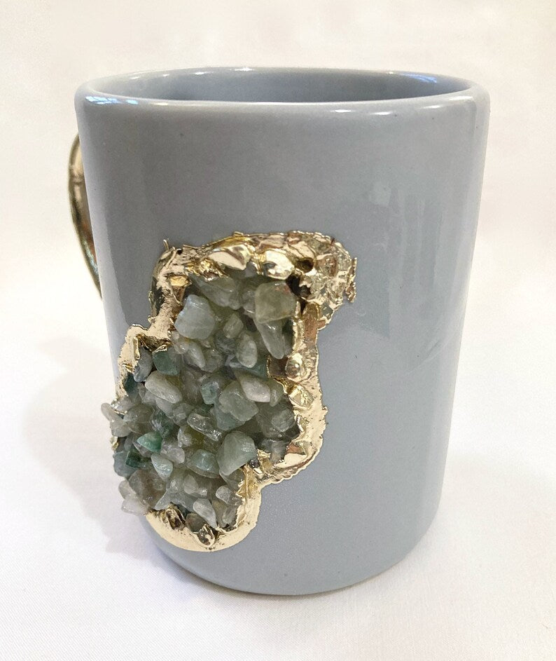 Set of 2 |Personalised Grey, Gold Ceramic Big Coffee/Tea/Juice/Beverage Mug, Light Green Semi-precious Agate Crystal Gemstones | 12 oz/355ml