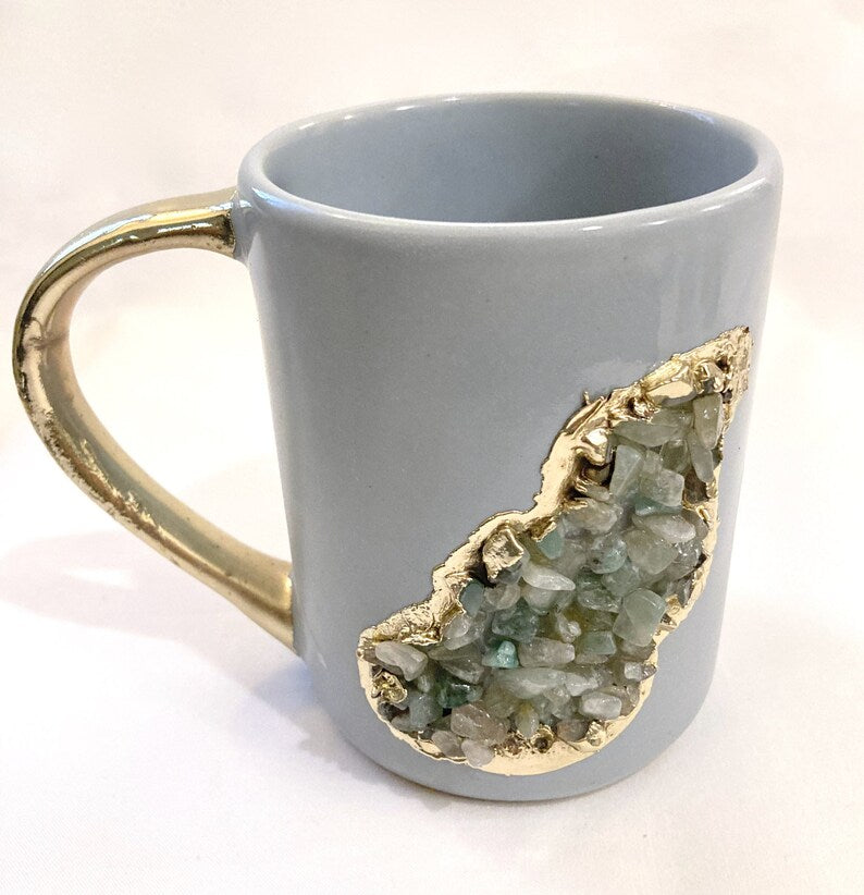 Set of 2 |Personalised Grey, Gold Ceramic Big Coffee/Tea/Juice/Beverage Mug, Light Green Semi-precious Agate Crystal Gemstones | 12 oz/355ml