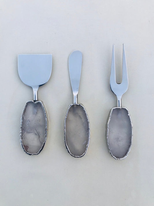 Set of 3 Agate Clear Quartz Cheese Knives/Spreaders