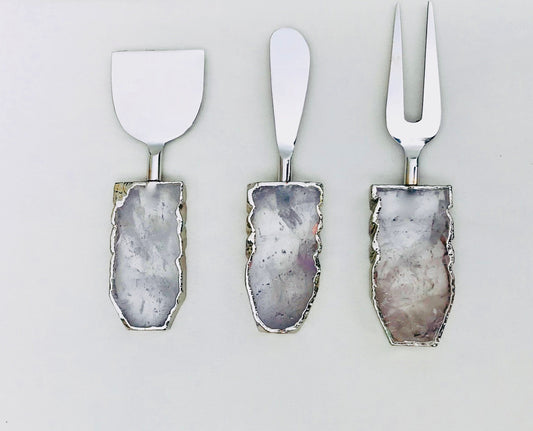 Set of 3 Clear Quartz Agate Cheese Knives/Spreaders