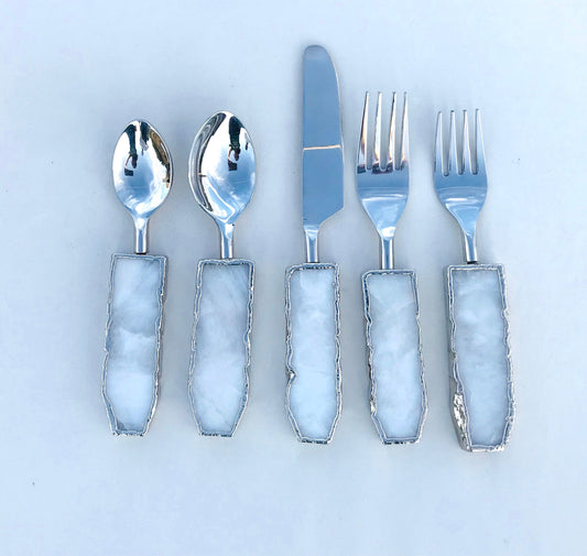 Set of 5 Pieces White Agate Cutlery - Forks/Spoons/Knife