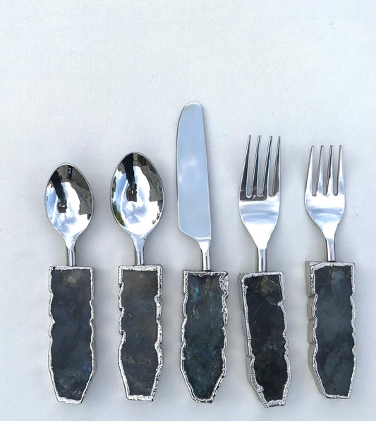 Set of 5 Pieces Labradorite Gemstone/Agate Cutlery - Forks/Spoons/Knife
