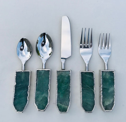 Set of 5 Pieces Green Agate Cutlery