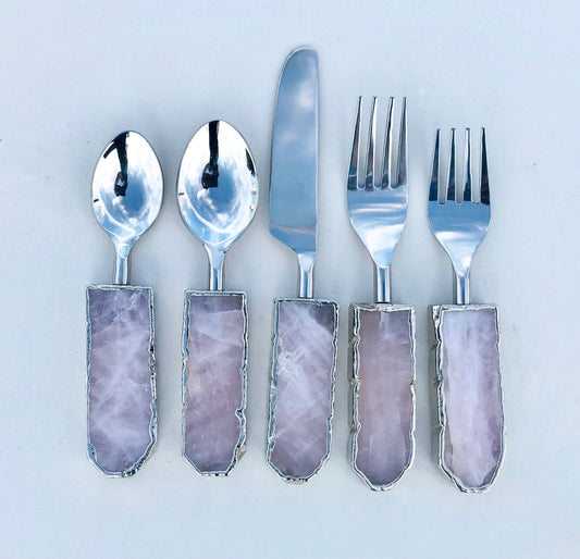 Set of 5 Pieces Rose Quartz/Agate Cutlery