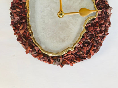 6" Diameter Burnt Red Crystal With White Agate Wall Clock