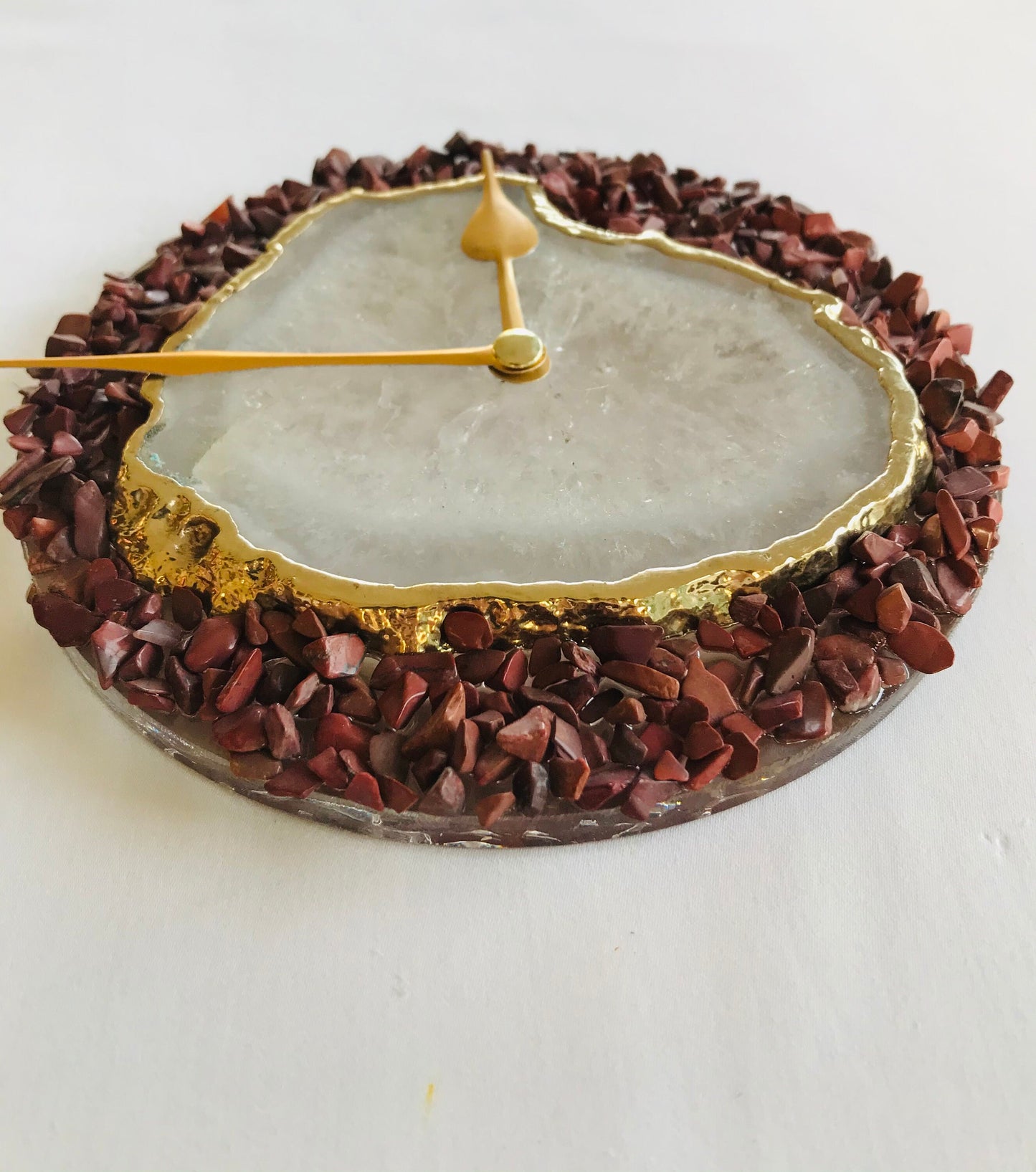 6" Diameter Burnt Red Crystal With White Agate Wall Clock