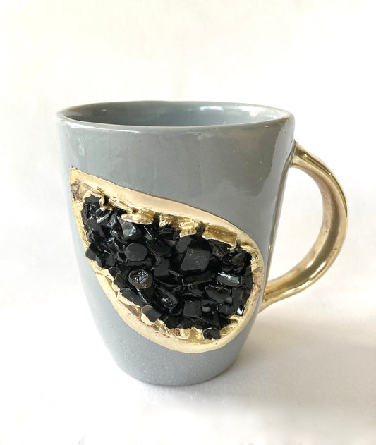 Set of 2 |Personalised Grey and Gold Ceramic Coffee/Tea Mug with Black Semi-precious Agate Crystal Gemstones| 8 Oz