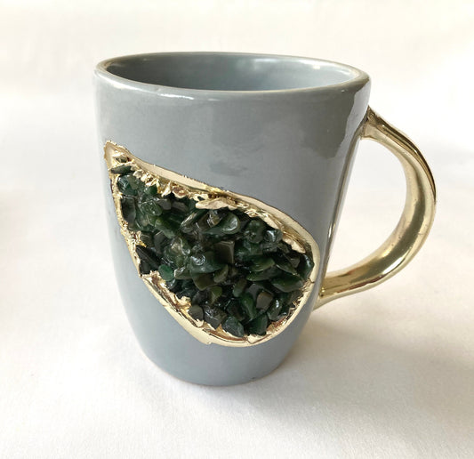 Set of 2 |Personalised Grey and Gold Ceramic Coffee/Tea Mug with Dark Green Semi-precious Agate Crystal Gemstones| 8 Oz