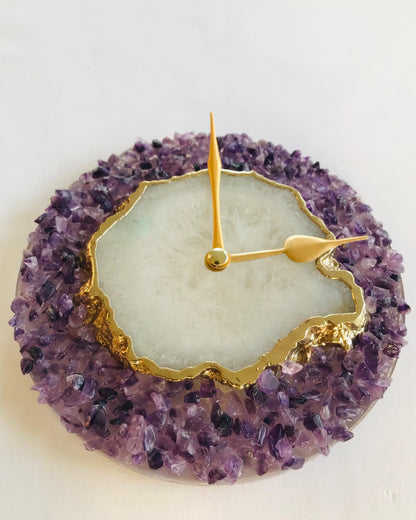 6" Diameter Purple Crystal With White Agate Wall Clock