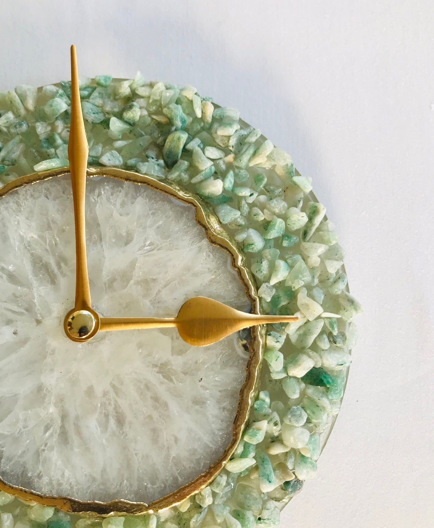 6" Diameter Light Green Crystal With White Agate Wall Clock