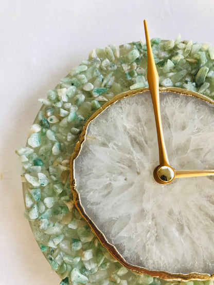 6" Diameter Light Green Crystal With White Agate Wall Clock