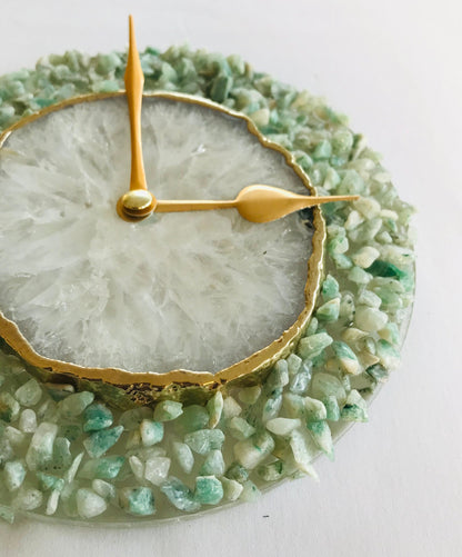 6" Diameter Light Green Crystal With White Agate Wall Clock