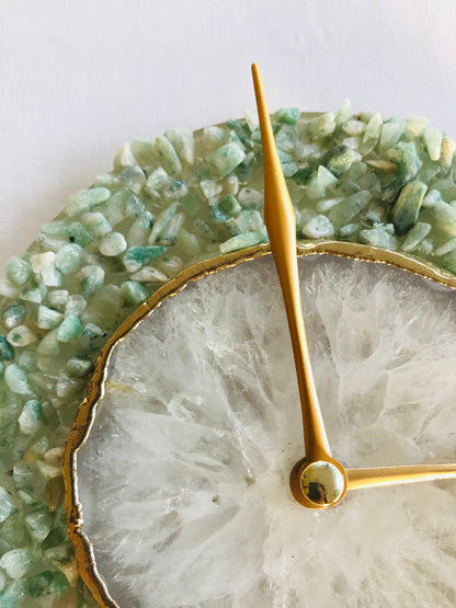 6" Diameter Light Green Crystal With White Agate Wall Clock