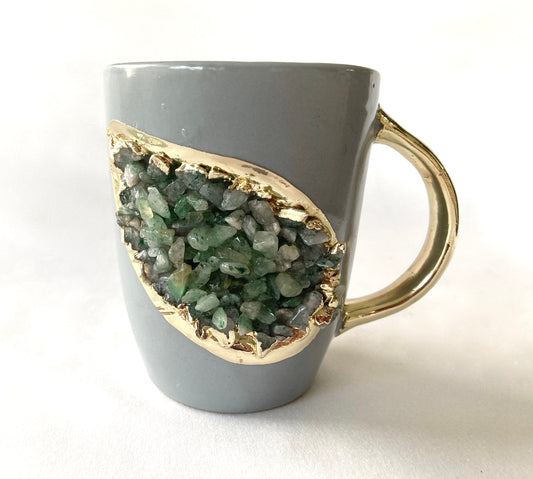 Set of 2 |Personalised Grey and Gold Ceramic Coffee/Tea Mug with Light Green Semi-precious Agate Crystal Gemstones| 8 Oz