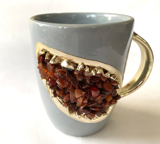 Set of 2 |Personalised Grey and Gold Ceramic Coffee/Tea Mug with Red Semi-precious Agate Crystal Gemstones| 8 Oz