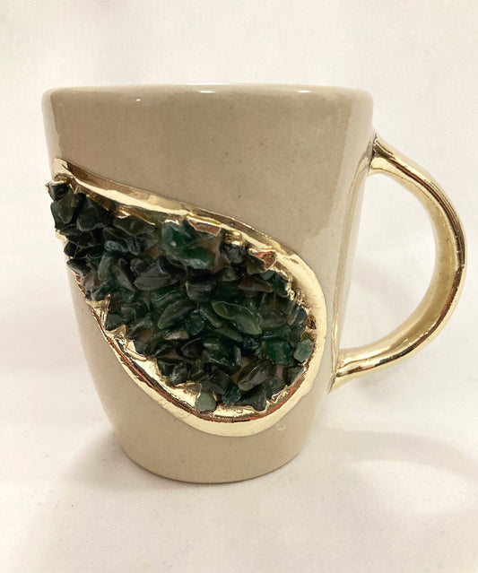 Set of 2 |Personalised Cream and Gold Ceramic Coffee/Tea Mug with Dark Green Semi-precious Agate Crystal Gemstones | 8 oz