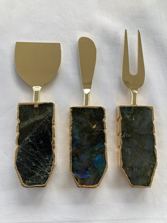 Set of 3 Labradorite Gemstone Agate Cheese Knives/Spreaders