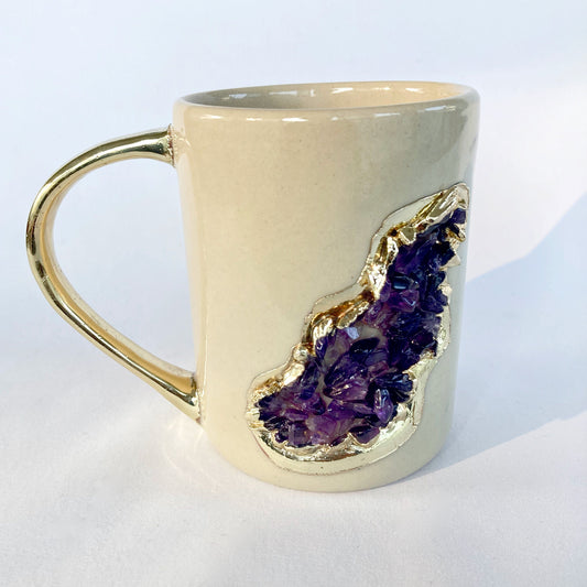 Set of 2 |Cream and Gold Ceramic Big Coffee/Tea/Juice/Beverage Mug with Amethyst Semi-precious Agate Crystal | 12 oz/355 ml