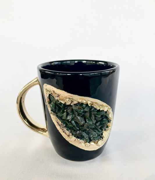 Set of 2 |Personalised Black and Gold Ceramic Coffee/Tea Mug with Dark Green Semi-precious Agate Crystal Gemstones | 8 oz