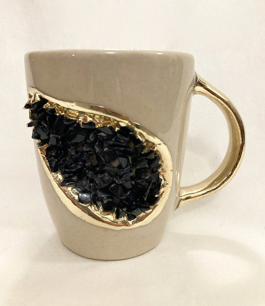Set of 2 |Personalised Cream and Gold Ceramic Coffee/Tea Mug with Black Semi-precious Agate Crystal | 8 oz