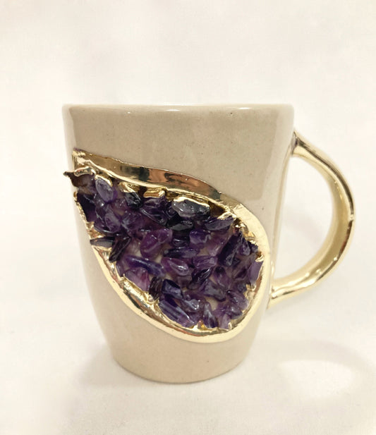 Set of 2 |Personalised Cream and Gold Ceramic Coffee/Tea Mug with Purple Semi-precious Agate Crystal Gemstones | 8 oz